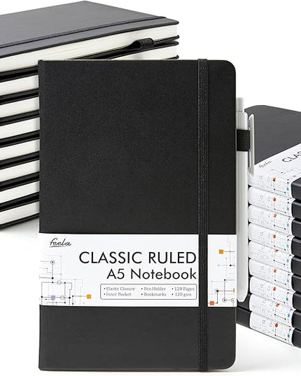 feela 18 Pack Journal Notebook for Work, Business Notebook Bulk Hardcover Lined Writing Journal with Pen Holder for Men Women Note Taking, with 18 Black Pens, 120 GSM, 5.1”x8.3”, A5, Black