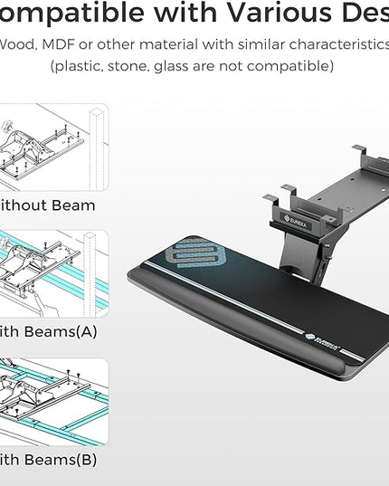 EUREKA ERGONOMIC Keyboard Tray Height Adjustable, Swivel Tilt Computer Keyboard Drawer Under Desk, 25x9.13'' Sliding Keyboard & Mouse Platform with Mouse Pad for Typing, Black