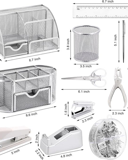 17 in1 Silvery Desk Organizers and Accessories Set, 3 Office Desk Supplies Storage Organization, 4 Pens, Stapler, Staples & Remover, Tape & Dispenser, Scissors, Ruler, Clips, Hole Punch Back to School