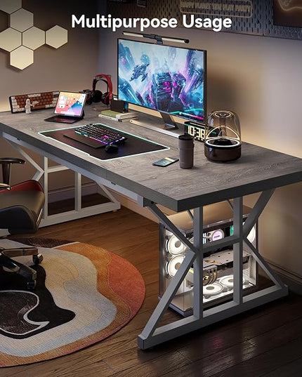 LITTLE TREE 70.8-Inch Large Executive Desk, Modern Computer Office Desk, Wooden Writing Desk Study Table for Home Office, Grey-White