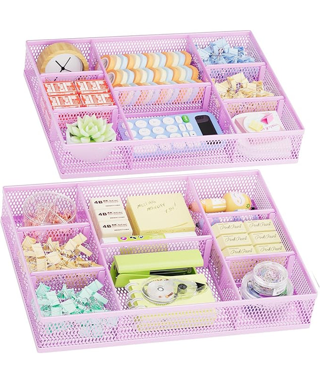 Marbrasse 2 Pack Desk Drawer Organizer, Mesh Drawer Organizer Tray with 8 Adjustable Compartments, Desk Organizers and Accessories, 5 Dividers Drawer for Office Supplies, Makeup & Vanity (Purple)