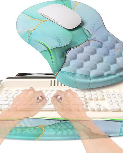 2-in-1 Ergonomic Set, Wave Rise Keyboard Wrist Rest and Massage Bulge Slope Mouse Pad Wrist Support, Cushion Memory Foam Integrated to Relieve Wrist Pain, Blue Gold Marble