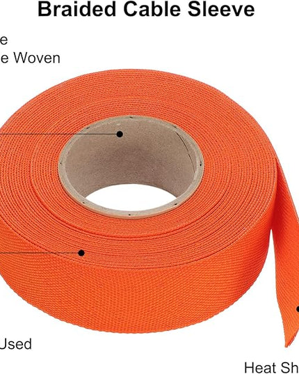 MECCANIXITY Braided Cable Sleeves Heat Shrinkable Fabric Sleeving, 1" 33ft Orange 2:1 Ratio Heat Shrinkable Cord Protector for Harness Cable, Network Cable Protection, Cable Management