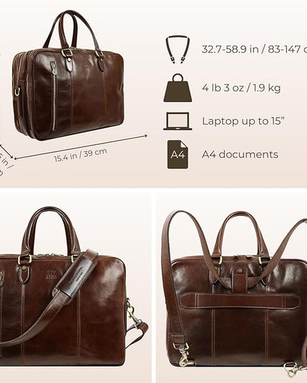 Time Resistance Leather Laptop Briefcase - Full Grain Leather Computer Bag for Men and Women