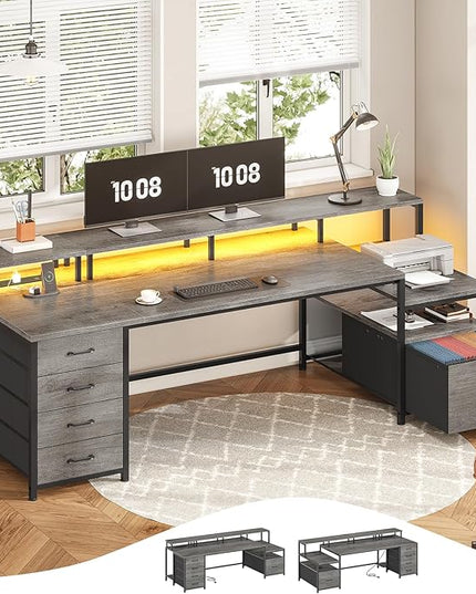 SEDETA 75'' Computer Desk with 5 Drawer, Power Outlet & Led Lights, Home Office Desk with File Drawer, Storage Shelves, Printer Cabinet and Monitor Shelf, 23.6" W Large Desktop Gaming Desk, Grey