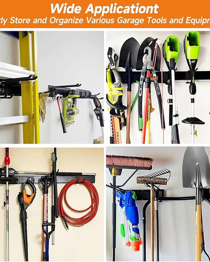 Garden Tool Organizer Wall Mount, Heavy Duty 48 Inches Garage Organization and Storage Racks for Yard Tools with 6 Hooks, Tool Hangers Holders for Hanging Folding Chair, Rake and Shovel