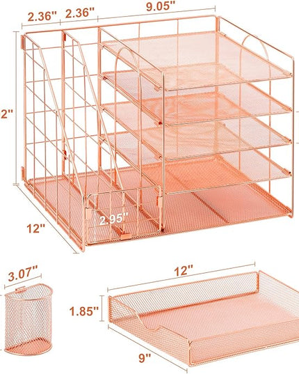 Marbrasse Rose Gold Desk Organizer with File Holder, 5-Tier Paper Letter Tray Organizer and Drawer, Mesh Desktop Storage with Magazine Holder for Office Supplies