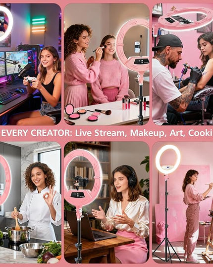 22" Large Ring Light with Stand,Foldable LED Big Ring Light Tripod for iPhone Phone Ipad, 75" Tall Tripod Touch Screen,Wireless Remote for Live Stream,YouTube,TikTok Video Shooting Pink