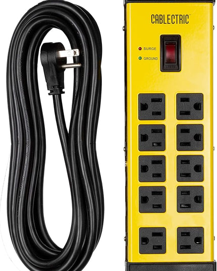 10 Outlet Heavy Duty Surge Protector Power Strip - Industrial Black and Yellow Metal Surge Protector with 15 Foot Extension Cord | Cablectric is an American Owned Brand