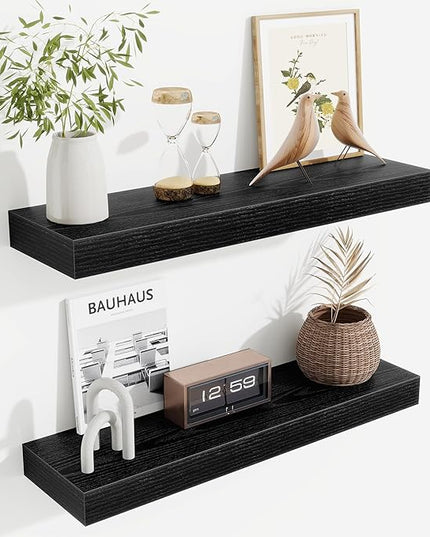 Fun Memories Floating Shelves Set of 2, 24 Inch Floating Shelves for Wall, Wood Wall Shelves with Invisible Brackets, for Bathroom, Bedroom, Living Room, Kitchen, Black
