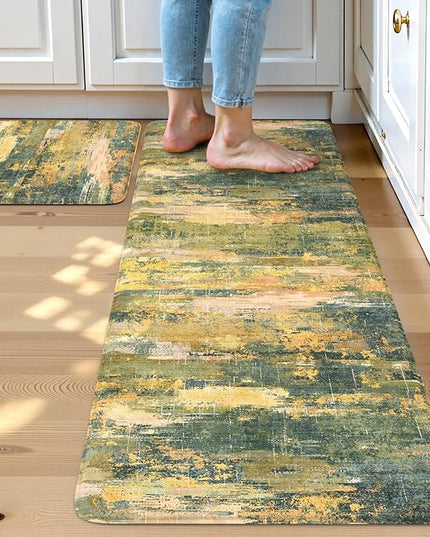 Collive Anti Fatigue Kitchen Rugs Sets of 2, Abstract Non Slip Waterproof Kitchen Mat Modern Runner Rug, Ergonomic Comfort Desk Rugs for Floor, 17"x59"+17"x29" Green/Yellow