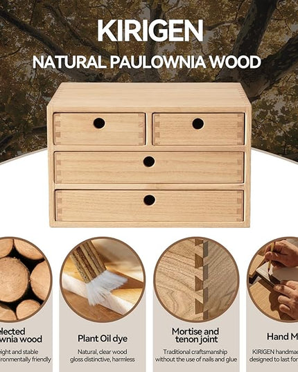 Kirigen Natural Wood Desktop Organizers with Drawers - Home Workspace Office Supplies Wooden Storage Box Shelf Case - Hold Makeup Box (NA, 3-Layer &4 Drawers)