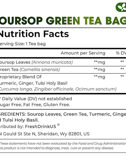 FreshDrinkUS, Premium 40 Tea Bags Soursop Green Tea, 100% Natural & Proprietary Blend from Soursop Leaves and Green Tea. Smooth Flavor. Made with Eco-Conscious Tea Bags. No Additives No Sugar, Vegan.