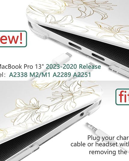 DONGKE Compatible with MacBook Pro 13 inch Case 2024 2023-2020 Release A2338 M2/M1 A2251 A2289 with Retina Display & Touch ID, Plastic Hard Shell & Keyboard Cover & Screen Film- Golden Florals