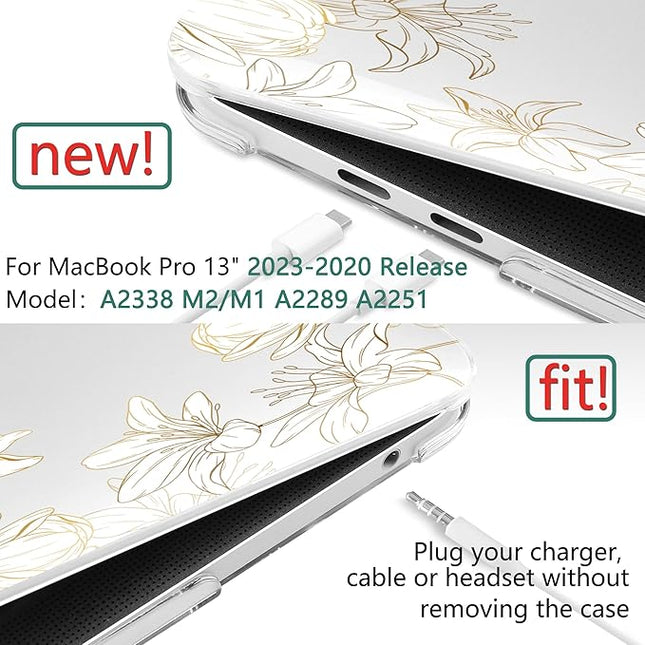 DONGKE Compatible with MacBook Pro 13 inch Case 2024 2023-2020 Release A2338 M2/M1 A2251 A2289 with Retina Display & Touch ID, Plastic Hard Shell & Keyboard Cover & Screen Film- Golden Florals