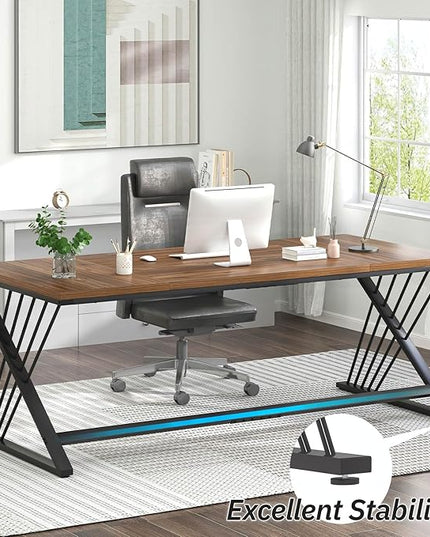 FOLUBAN 70.9" Computer Desk with Z-Shaped Legs, Large PC Desk for Home Office, Industrial Writing Desk, 2 Person Executive Workstation Study Table for Bedroom, Rustic Walnut