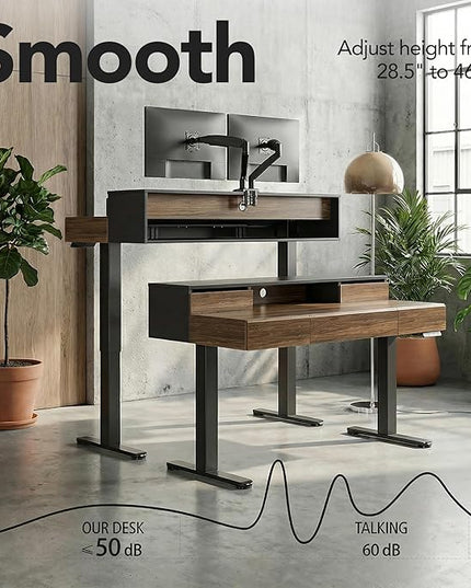 ErGear Electric Standing Desk with 5 Solid Wood Drawers, 48 x 26 Inches Whole Piece Desktop, with Desktop Riser Stand, Compatible with C-Clamp Monitor Arms, Modern Office Desk, Dark Walnut