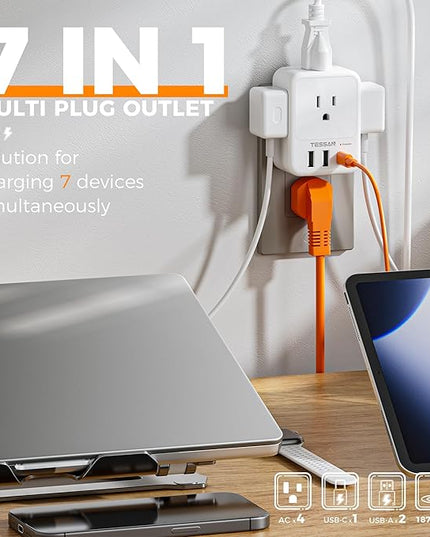 USB Charger Block, TESSAN Outlet Extender Surge Protector with USB C, 4 AC Multi Plug Wall Outlet Splitter 1875W, Electrical Plug Expander for Home Office Dorm Room Essentials, White