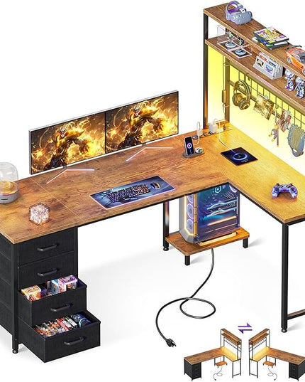 AODK L Shaped Gaming Desk with Hutch, 59" Computer Desk with 4 Drawers & Storage Shelves, Reversible Corner Desk with LED Light & Power Outlets, Gamer Table for for Home Office, Vintage
