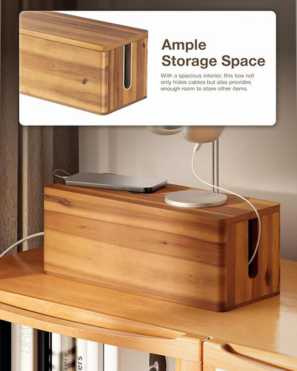 Acacia Wood Cable Management Box Round Edge - 16" L Wooden Cable Organizer Box for Electrical Hiding Cord Management - Power Strip Hider Cable Storage Box for Office, Router Wires, Under Desk