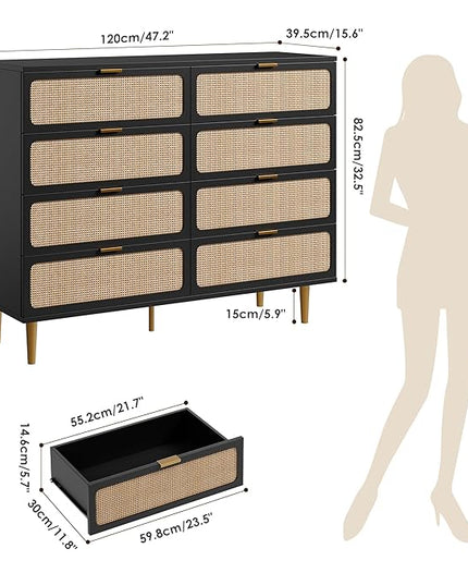 Garvee Rattan Dresser with 8 Drawers, Tall Modern Closet with Deep Storage, Large Chest of Drawers with Wide Top, Long Wooden Dresser for Bedroom, Living Room, Hallway, Kids Room, Black
