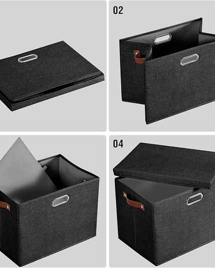 17" Large Collapsible Storage Bins with Lids, Stackable Closet Organizers with PU Handle and Labels, 3-Pack Decorative Fabric Storage Boxes for Home, Bedroom, Closet, Office, Nursery(Black)