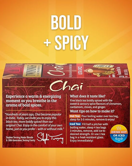 Twinings Ultra Spice Chai Black Tea Individually Wrapped Bags, 20 Count (Pack of 1), Sweet, Savoury Spices, Caffeinated, Enjoy Hot or Iced, 20 Teabags