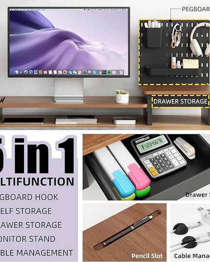 Monitor Stand Riser,Computer Monitor Stand with DIY Pegboard and drawer for Laptop,PC,Computer,Printer,Walnut Finish