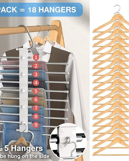 Upgrade 9 Layers Pants Hangers Space Saving, Non Slip Stainless Steel Multifunctional Pants Rack S-Type Clothes Pant Closet Hanger Organizer for Pants Jeans Trousers Scarf Skirts(4 Pack, Antiquewhite)