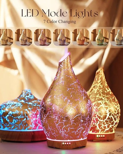 Porseme 280ml Essential Oil Diffuser, 3D Glass Aromatherapy Diffusor, Ultrasonic Cool Mist BPA Free Aroma Humidifier with Timer and Color Changing Function, Waterless Shut-Off for Home Office Room
