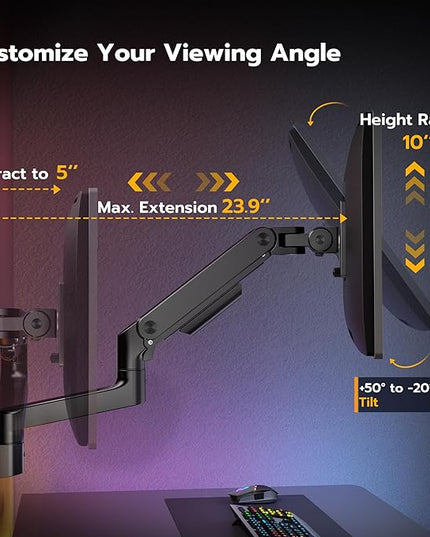 ARES WING Wall Mount Monitor Arm for 17-49 Inch Ultrawide Screens, Heavy Duty Single Monitor Mount Holds 44 lbs, Fully Adjustable Gas Spring Wall Mount, 75x75/100x100 VESA Mount, Black