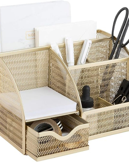 BLU MONACO | Gold Desk Organizer with Drawer | Metal Desktop Caddy with Six Compartments for Office Supplies | Stylish Desk Organizers and Accessories for Home or Office
