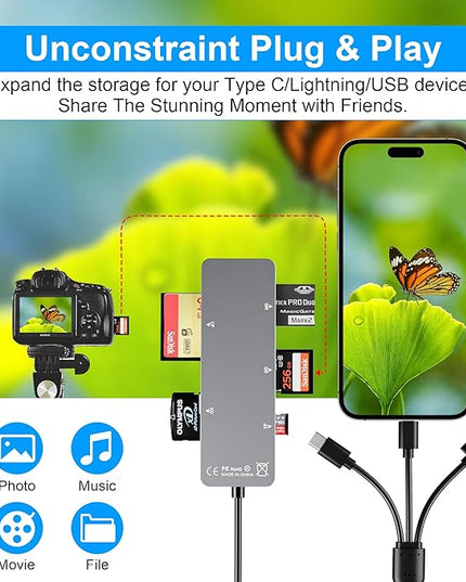 Memory Stick pro Duo Adapter 5-in-1 Multi Memory Card Reader Supports SD/TF/CF/MS/XD Picture Card for PC/USB-C/iPhone, Lightning+USB A+USB C Memory Stick pro Duo Reader for iPhone