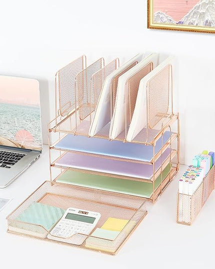 LEKETREE Desk Organizers and Accessories, 3-Tier Paper Organizer with 5 Vertical File Holders, File Organizer for Desk (Rose Gold With Drawer, 3T With Drawer)