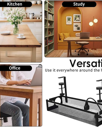 2 Pack Under Desk Cable Management Tray, 15 Inch No Drill Metal Mesh Organizer with Hybrid Side Slots, Wire Holder Storage Rack for Office Home Desk