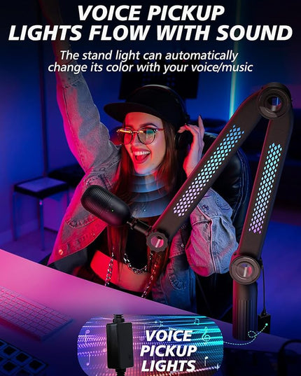 YOUSHARES Microphone Stands Compatible with Blue Yeti，HyperX，FIFINE AM8，Shure Mic，Rode PodMic and Most Microphones，Mic Boom Arm with Sound-Activated Lighting & App Control