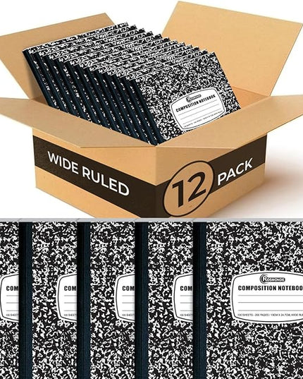 Rosmonde 12 Pack Composition Notebook Wide Ruled Bulk, 200 Pages (100 Sheets), 9-3/4 x 7-1/2", Hard Cover Wide Ruled Notebook Bulk, Black Marble Composition Notebooks, Bulk School Notebooks