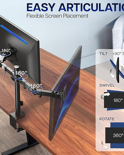 VIVO Dual Monitor Desk Mount, Heavy Duty Fully Adjustable Steel Stand, Holds 2 Computer Screens up to 24 inches and Max 22lbs Each, Black, STAND-V024