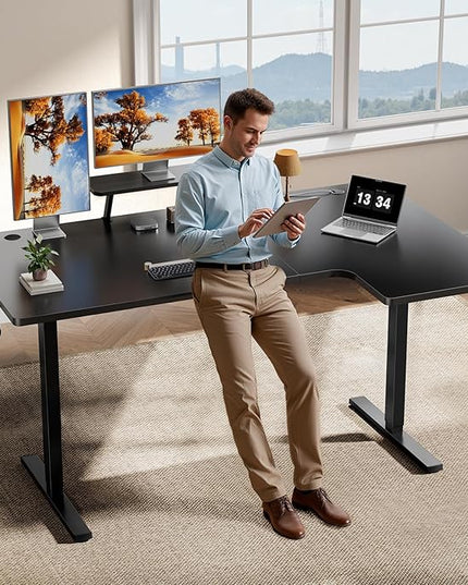 L-Shaped Standing Desk - 63 Inch Adjustable Corner Standing Desk with Flexible Monitor Stand, Electric Sit Stand Computer Table with Memory Controller for Home Office