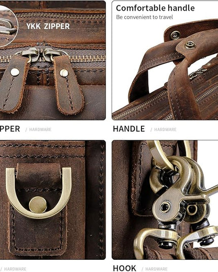 Augus Leather Briefcase for Men Business Travel Messenger Bags 15.6 Inch Laptop Bag YKK Metal Zipper, Brown