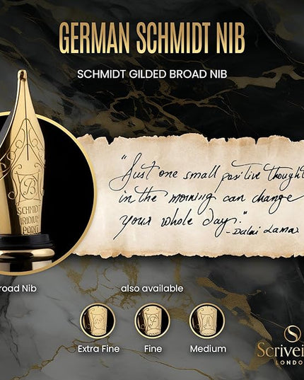 Scriveiner Luxury Fountain Pen - Stunning Black Lacquer Pen, Real Gold Finish, Schmidt Gilded Nib (Broad), Converter, Best Pen Gift Set for Men & Women, Professional, Executive, Office, Nice Pens