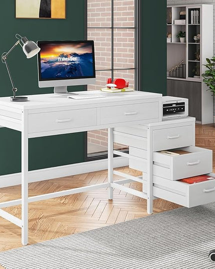 Tribesigns Computer Desk with 5 Drawers, Home Office Desks with Reversible Drawer Cabinet Printer Stand, Industrial PC Desk with Storage, White Study Writing Table Workstation for Small Spaces