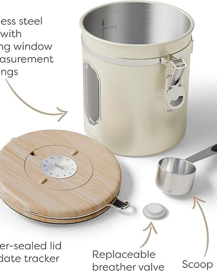 Veken Coffee Sugar Canister with Window, Airtight Stainless Steel Kitchen Food Storage Container with Lids, Date Tracker and Scoop for Grounds Coffee, Beans, Tea, Flour, Cereal Jars, 16OZ, Cream