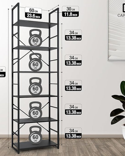 CAPHAUS 6 Tier Bookshelf, 24 Inch Width Free Standing Shelf, Bookcase Shelf Storage Organizer, Industrial Book Shelves for Home Office, Living Room, Kitchen, Black Shelves & Metal Frame