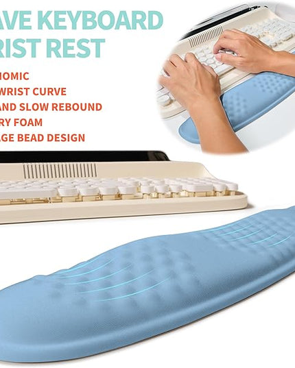 2-in-1 Ergonomic Set, Wave Rise Keyboard Wrist Rest and Massage Bulge Slope Mouse Pad Wrist Support, Cushion Memory Foam Integrated to Relieve Wrist Pain, Lake Blue