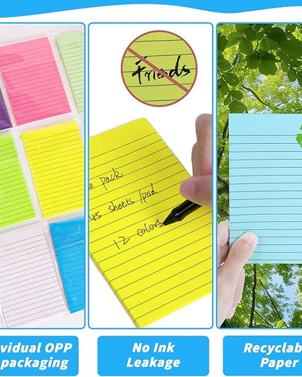 60 Pack Lined Sticky Notes Bulk 4 x 6 in Large Ruled Post Sticky Colorful Self-Stick Note Pads with Lines 12 Color Super Sticking Power Memo Pads 45 Sheets/pad for Office Home School Notebook Wall