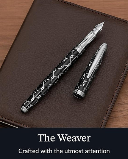 Webson Gill ‘The Weaver’ Black Luxury Executive Fountain Pen, Polished Lacquer & Chrome, Medium Nib, Smudge Free No Bleed, Use Any Fountain Ink w/Included Converter, Fits Cartridges (sold separately)