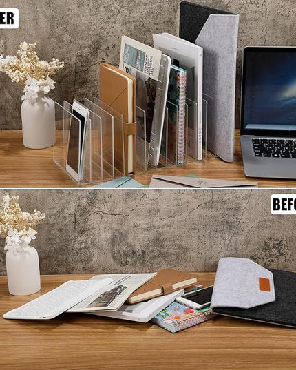 Ctosree Acrylic File Organizer for Desk Vertical 15 Compartments File Sorter Mail Organizer Desktop Countertop Folder Stand Racks for Office Home School Desk(Rectangle,Clear)
