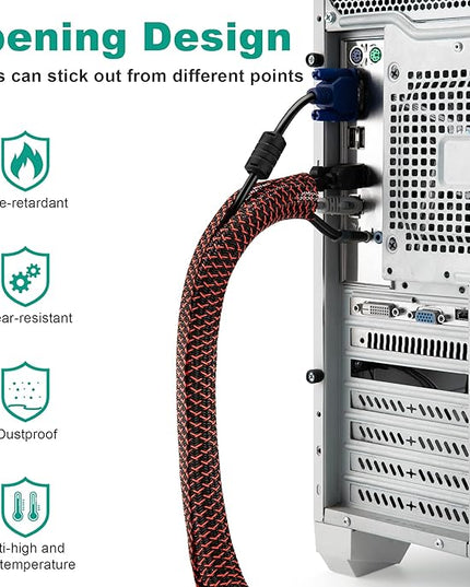 ZhiYo 6.6ft - 1/2 inch Cable Sleeve, Cord Wrap Wire Protector Tubing for Pets, PC Cable Wrap, Computer Cable Management Sleeve - Black - Red
