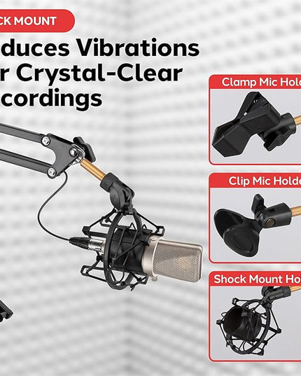 Pyle Microphone Boom Suspension Stand - Scissor Arm Mic Mount w/Shock Mount, Integrated Pop Filter, 3.1' ft. Max Extension, Suitable for Podcast Recording, Broadcasting, Streaming, Stage & Studio Use